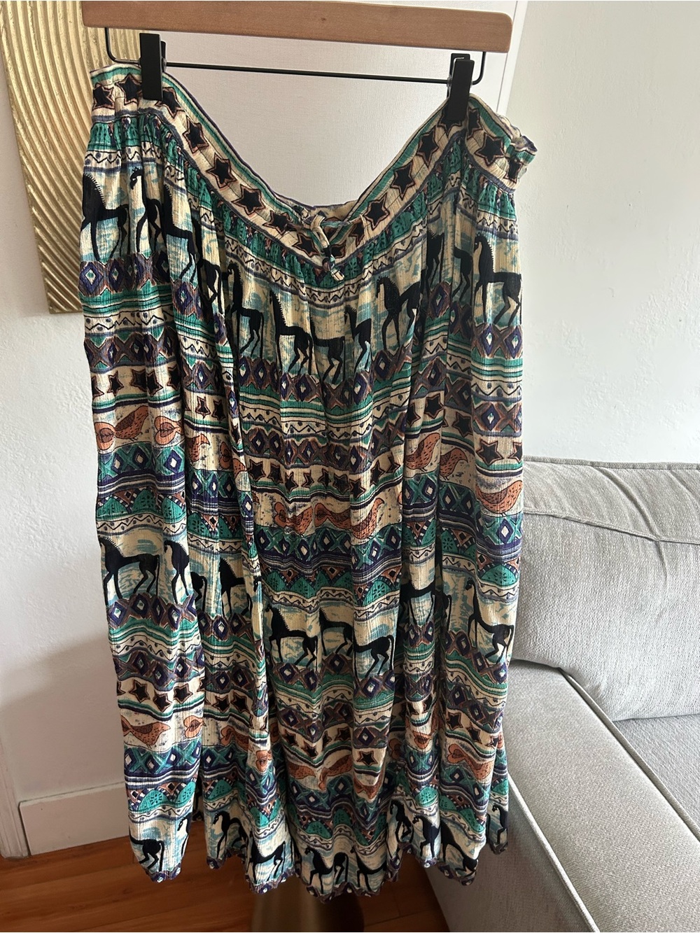 Phool Vintage Horse Bird Tribal Print Midi Skirt  Boho Whimsical One Size Plus